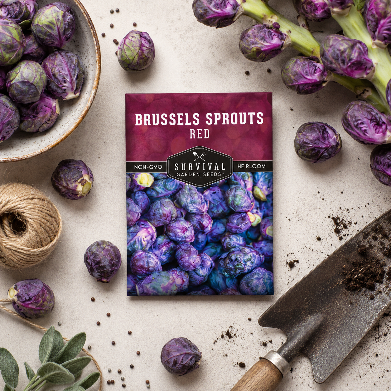 Brussels Sprouts Planting Seeds for Home Gardens - seed packet and planting photo