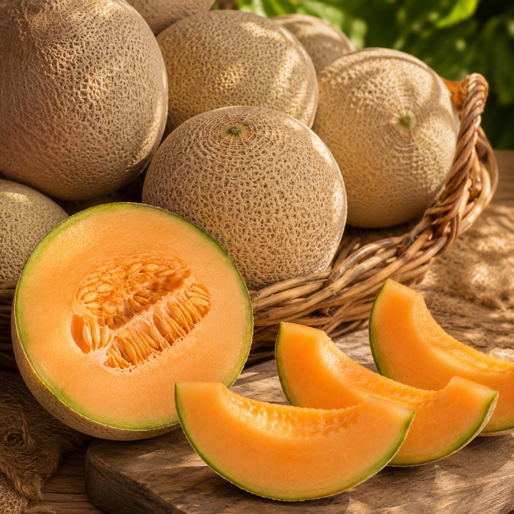 Cantaloupe / Hami Melon Fruit Seeds - seed packet and planting photo