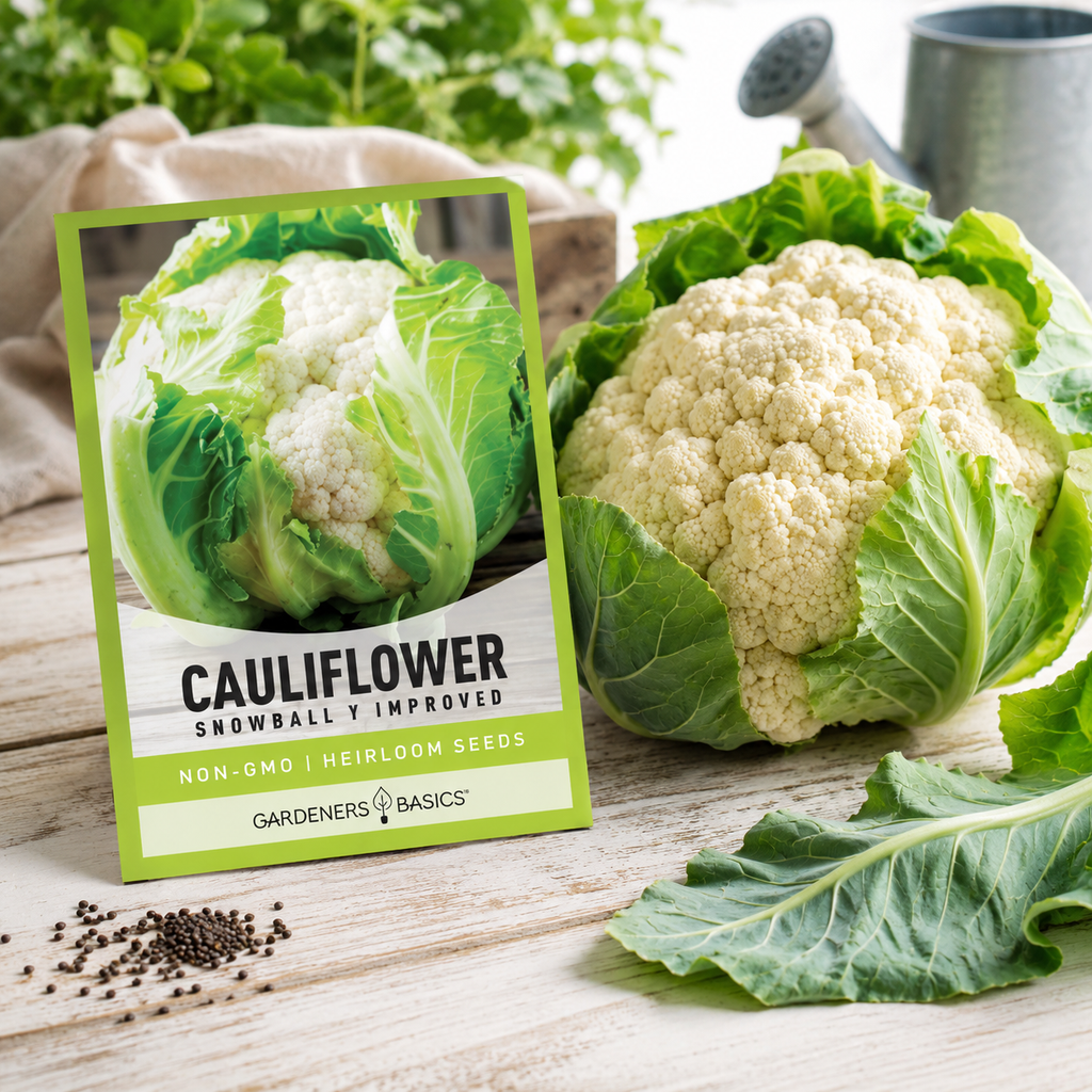 Cauliflower Planting Seeds for Home Gardens - seed packet and planting photo