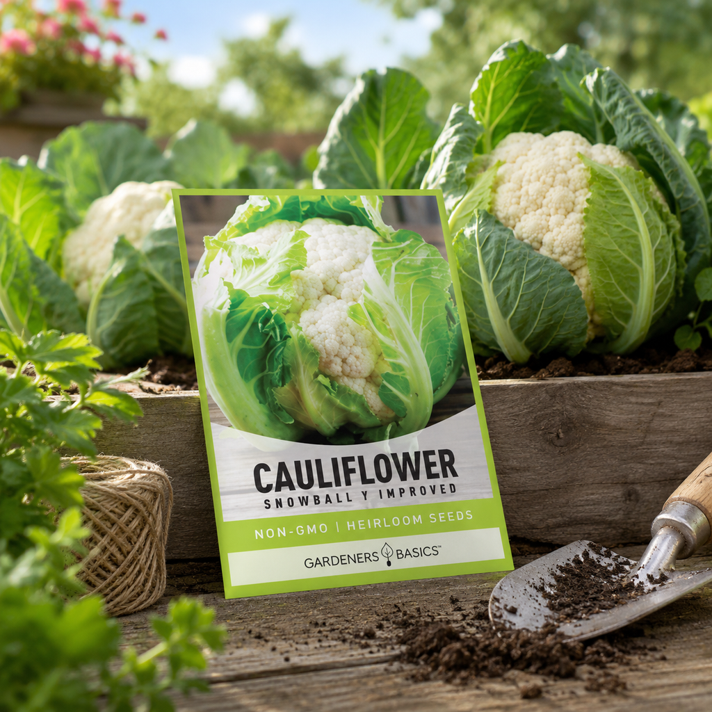 Cauliflower Planting Seeds for Home Gardens - seed packet and planting photo