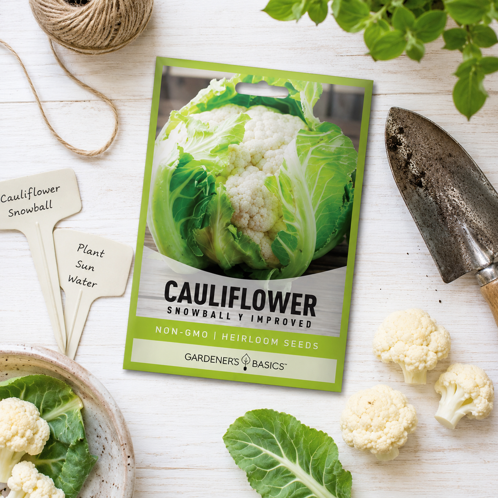 Cauliflower Planting Seeds for Home Gardens - seed packet and planting photo
