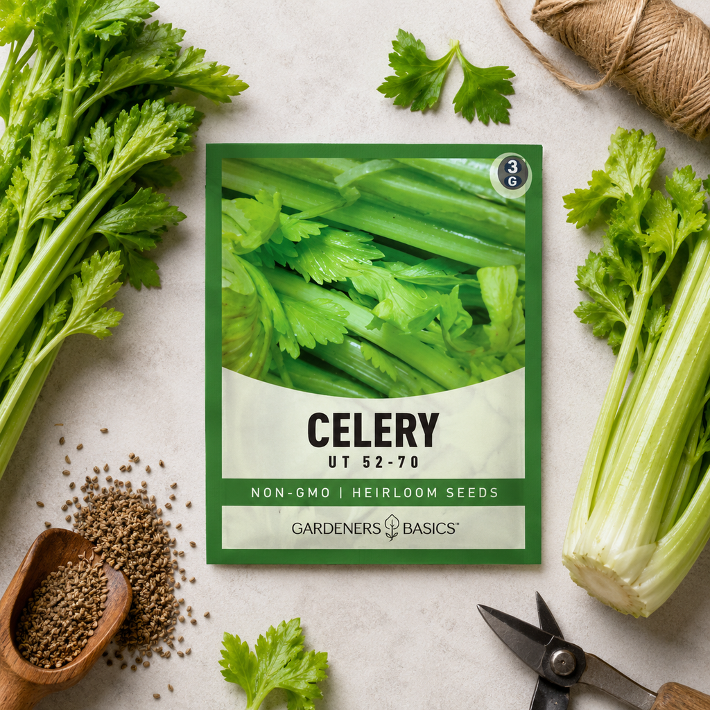 Celery Planting Seeds for Home Gardens - seed packet and planting photo