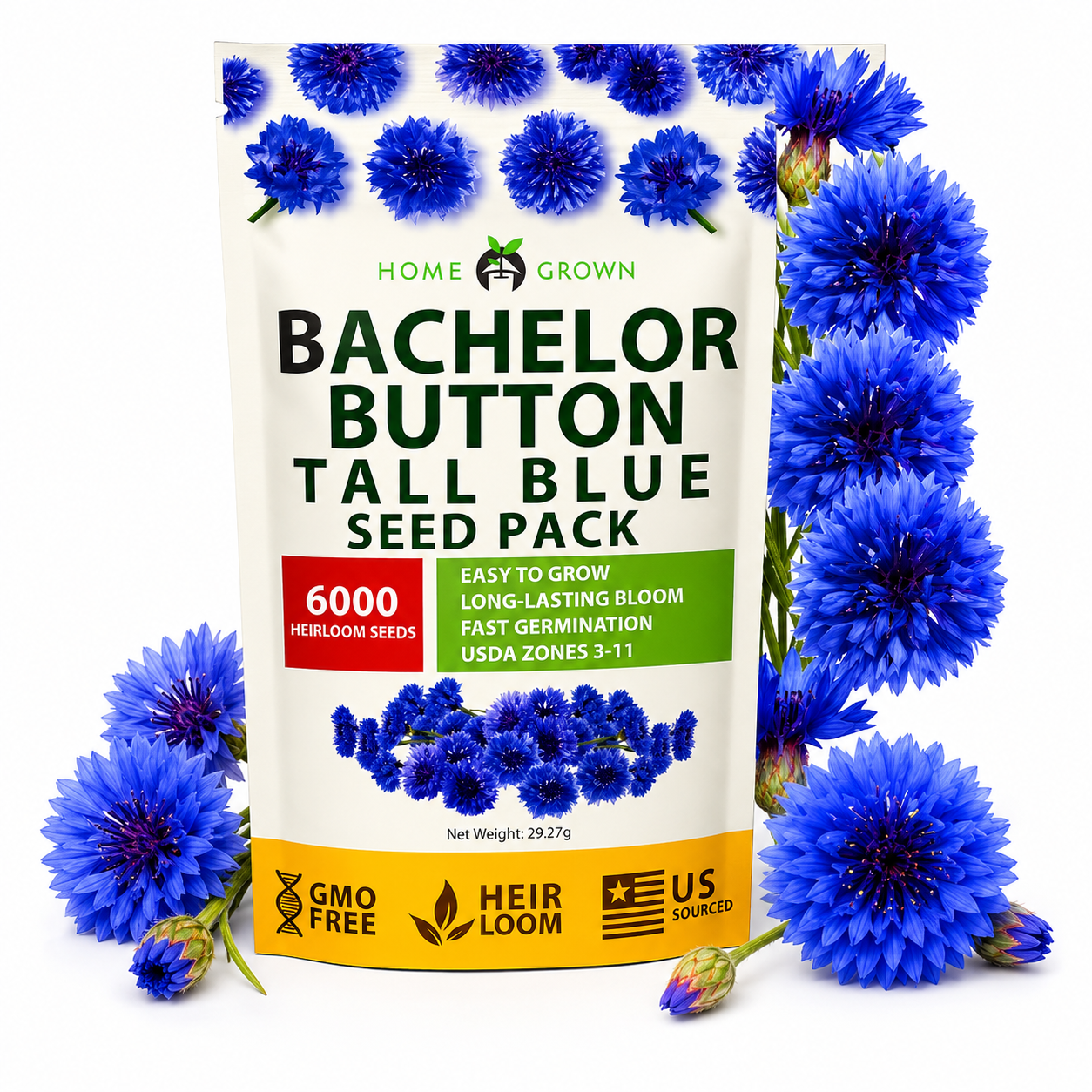 Home Grow Cornflower Flower Seeds - seed packet and planting photo