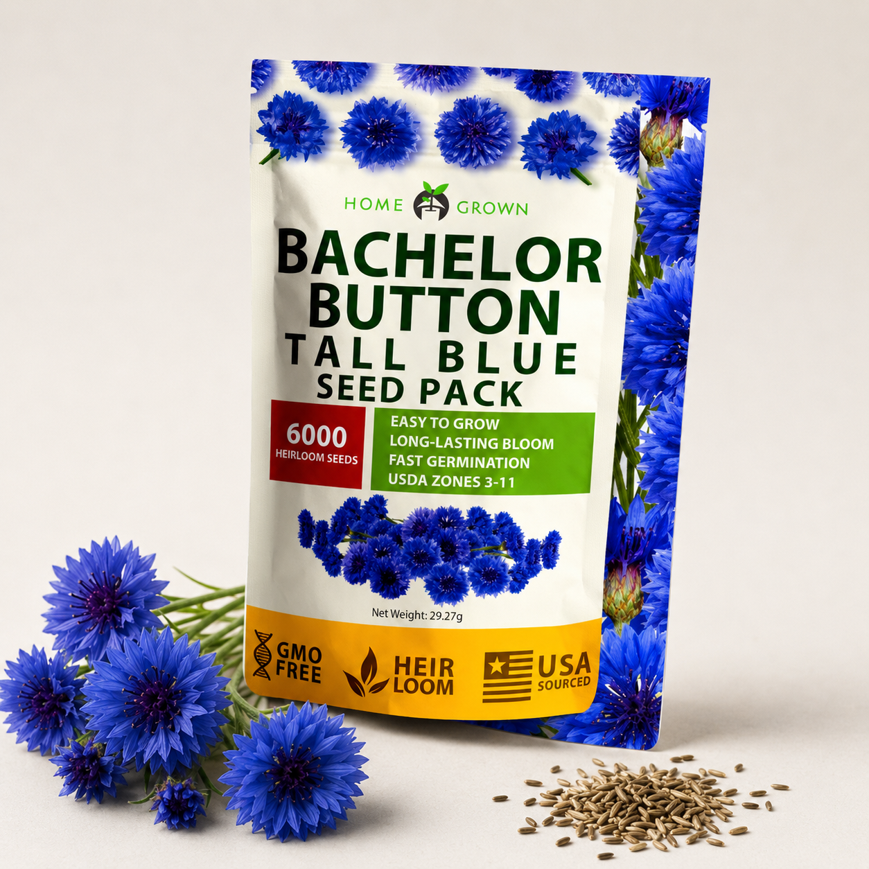 Home Grow Cornflower Flower Seeds - seed packet and planting photo