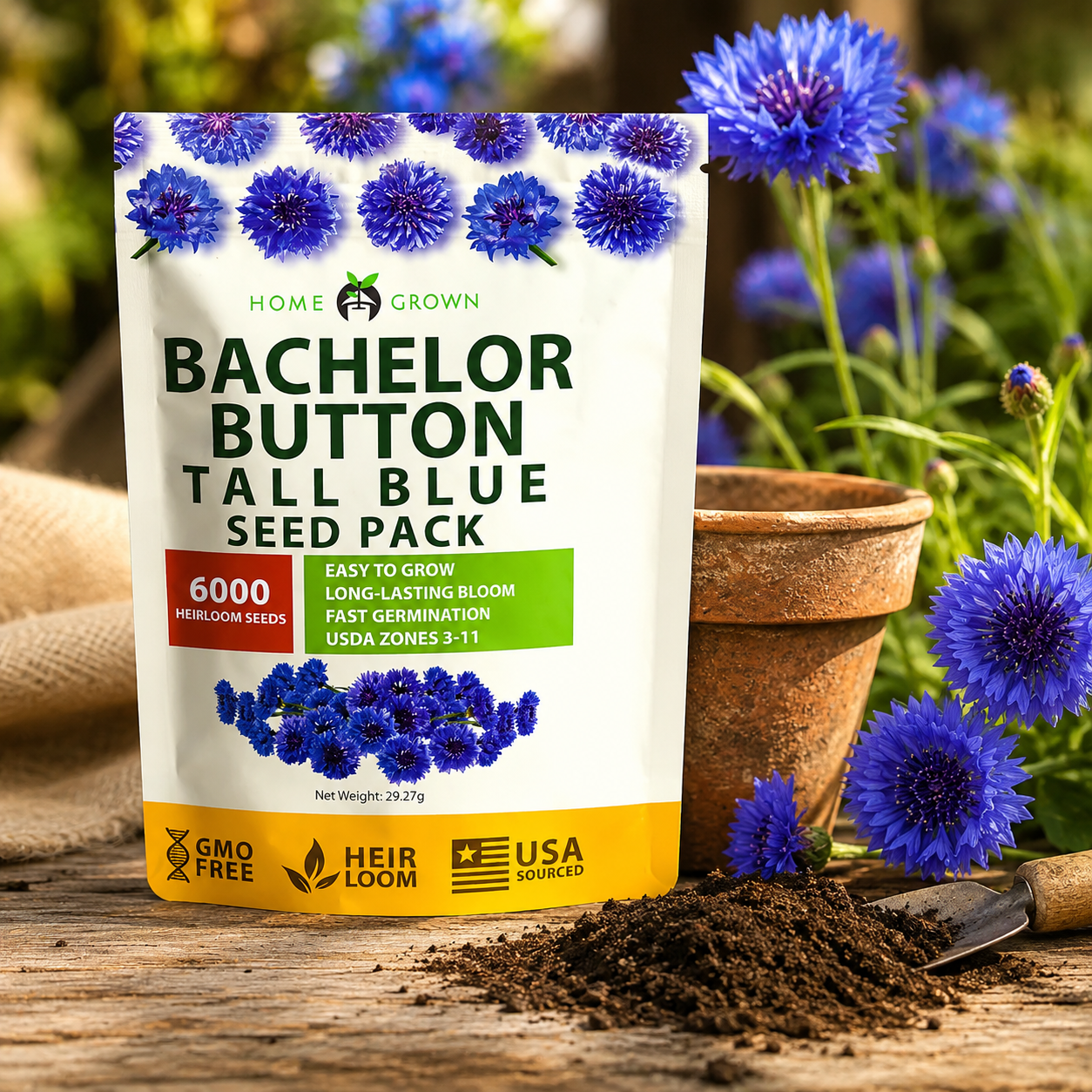 Home Grow Cornflower Flower Seeds - seed packet and planting photo