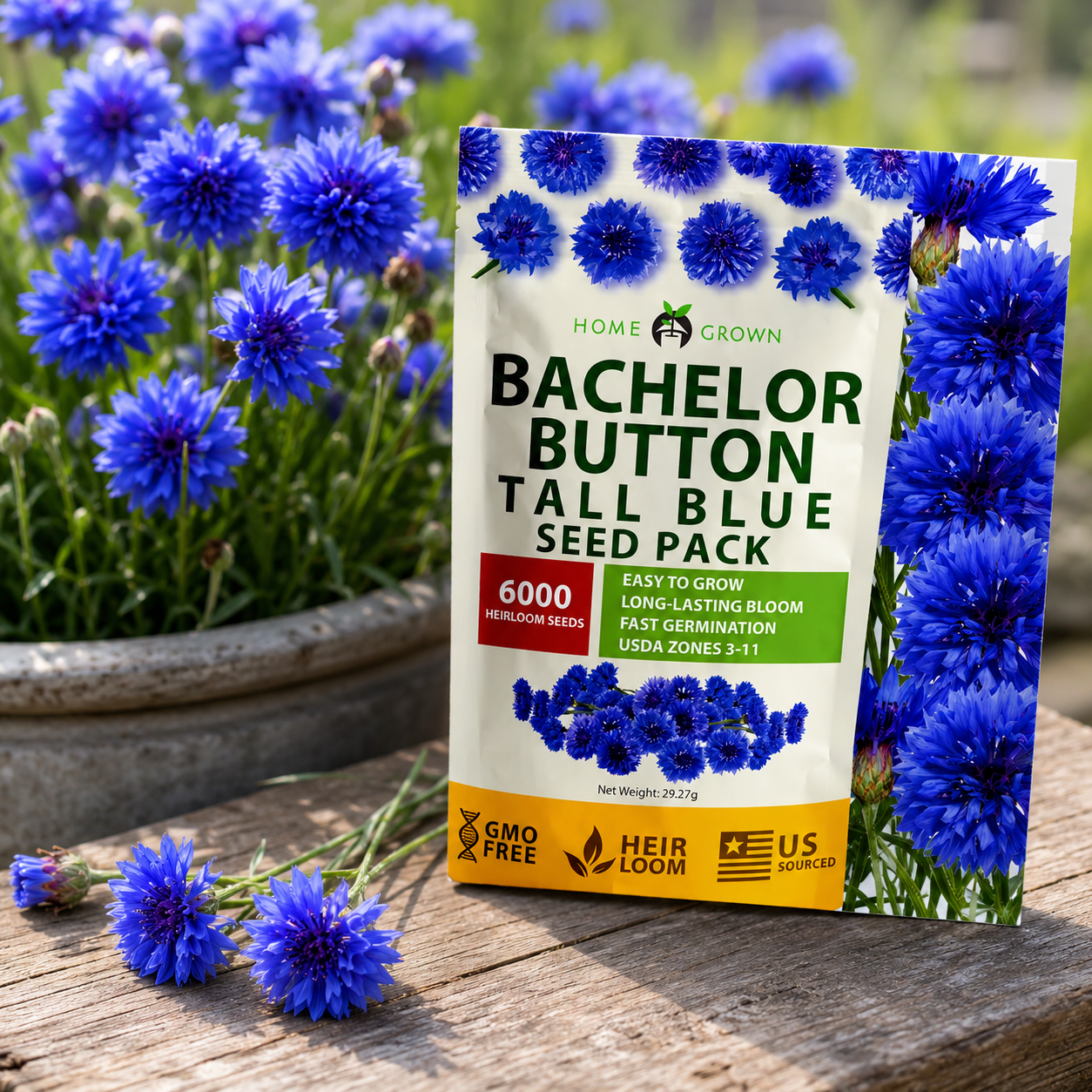 Home Grow Cornflower Flower Seeds - seed packet and planting photo